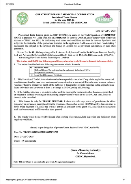 Download India Hyderabad provisional trade license Word and PDF template Photoshop template